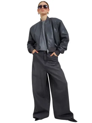 Micky Faux Leather Cropped Bomber / Grey