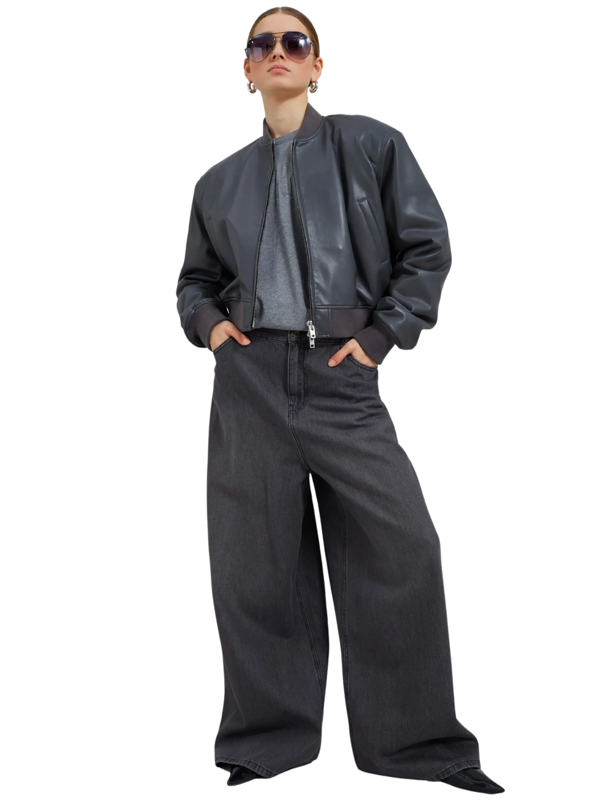 Micky Faux Leather Cropped Bomber / Grey