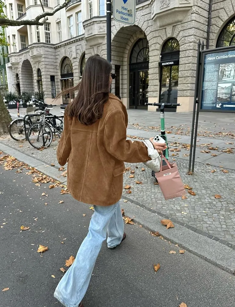 Mywinway Suede Jacket for Women 2024 Fall Winter Y2k Oversized Trendy Faux Leather Blazer Jackets Trench Coat