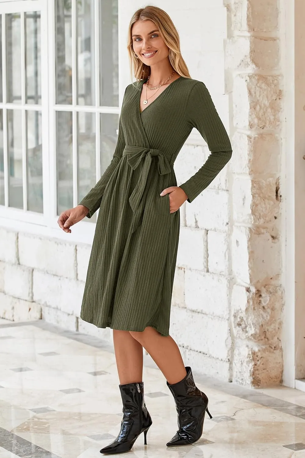 Newshows Womens 2024 Fall Sweater Dress Long Sleeve Business Casual Outfits V Neck Ribbed Knit Belt Trendy with Pockets
