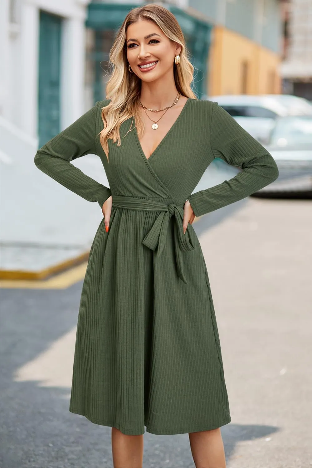 Newshows Womens 2024 Fall Sweater Dress Long Sleeve Business Casual Outfits V Neck Ribbed Knit Belt Trendy with Pockets