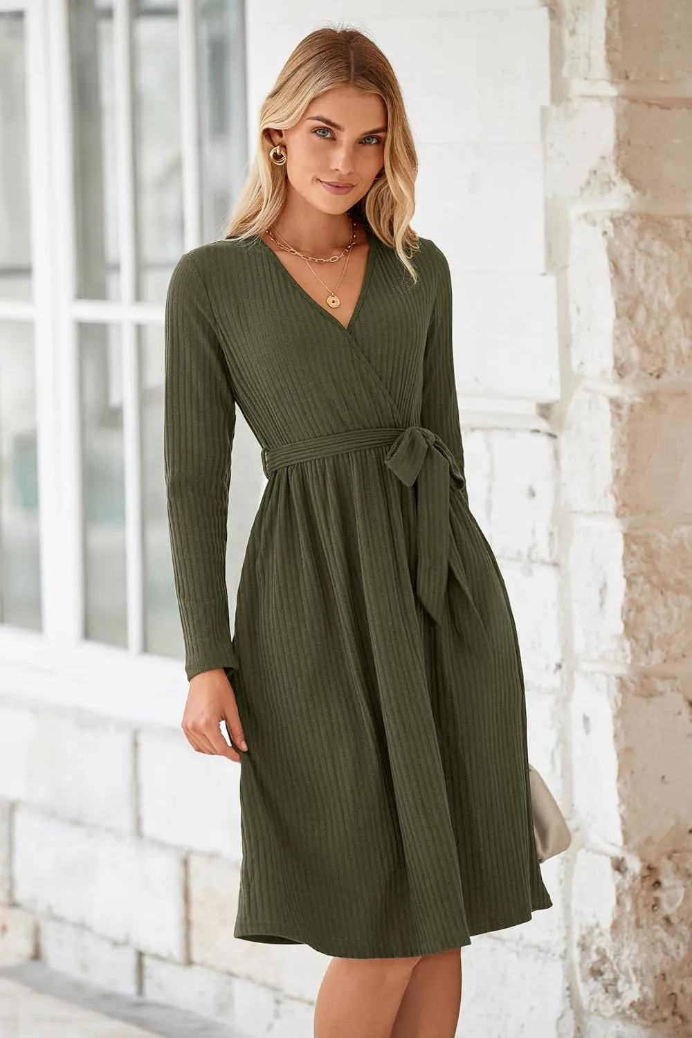 Newshows Womens 2024 Fall Sweater Dress Long Sleeve Business Casual Outfits V Neck Ribbed Knit Belt Trendy with Pockets