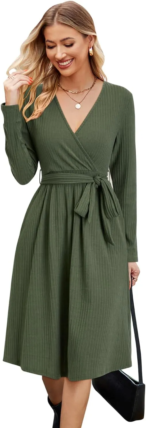 Newshows Womens 2024 Fall Sweater Dress Long Sleeve Business Casual Outfits V Neck Ribbed Knit Belt Trendy with Pockets