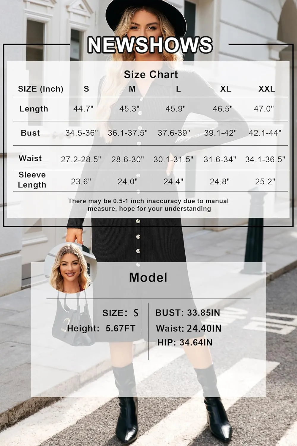 Newshows Womens Fall Sweater Dress 2024 Long Sleeve Oufits Trendy Bodycon Split V Neck Ribbed Knit Button Casual Midi Dresses
