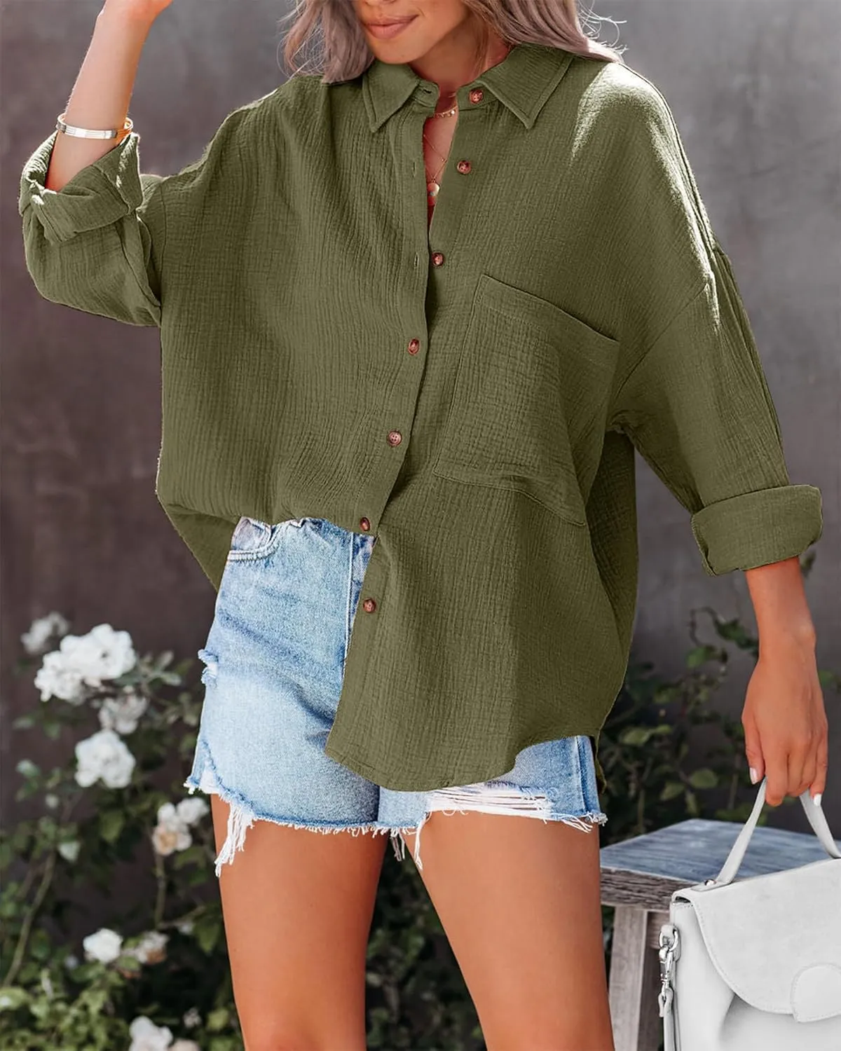 NOLLSOM Casual Shirts for Women Long Sleeve Button Down Blouses Fall 2025 Solid Color Trendy Tops with Pocket