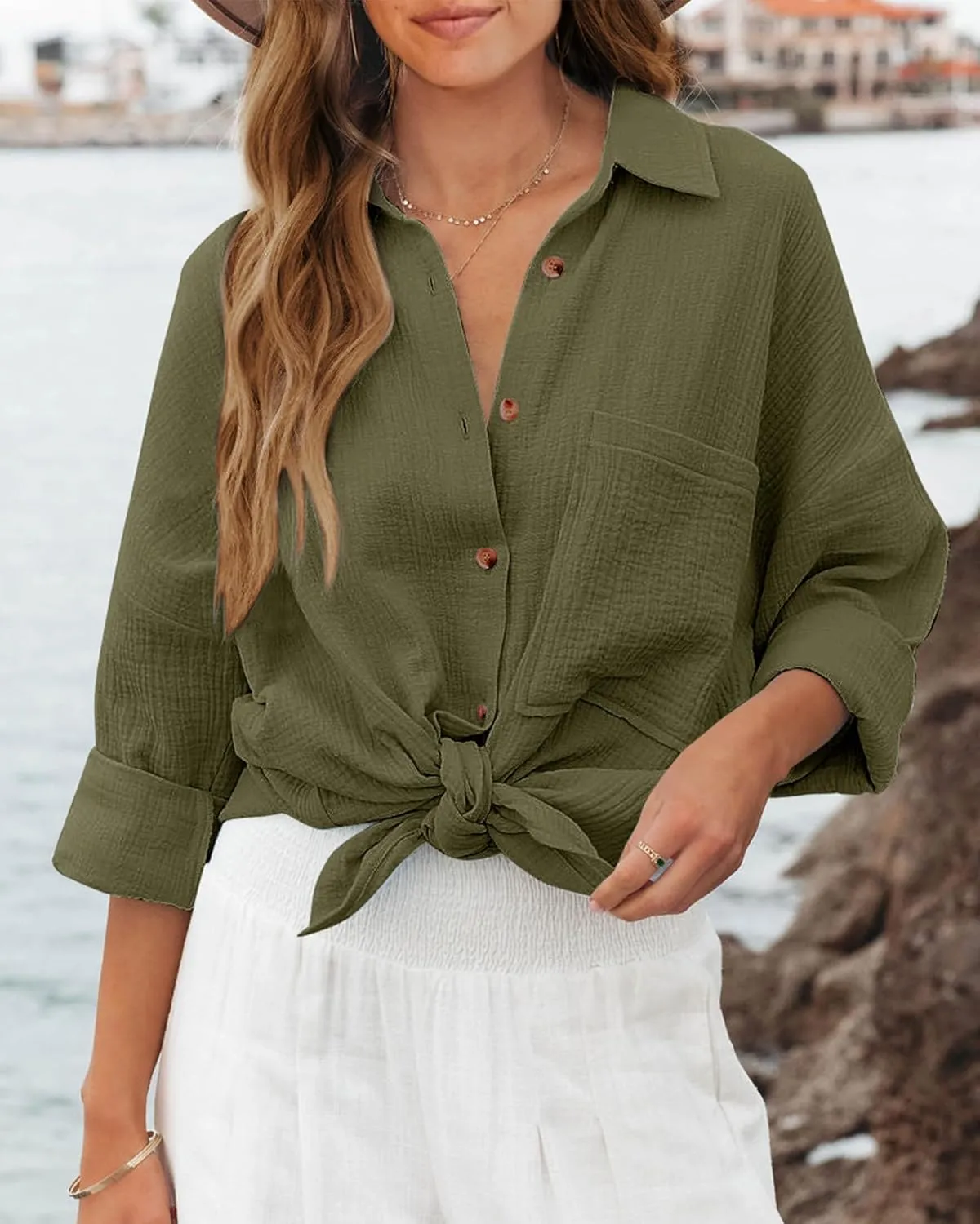 NOLLSOM Casual Shirts for Women Long Sleeve Button Down Blouses Fall 2025 Solid Color Trendy Tops with Pocket