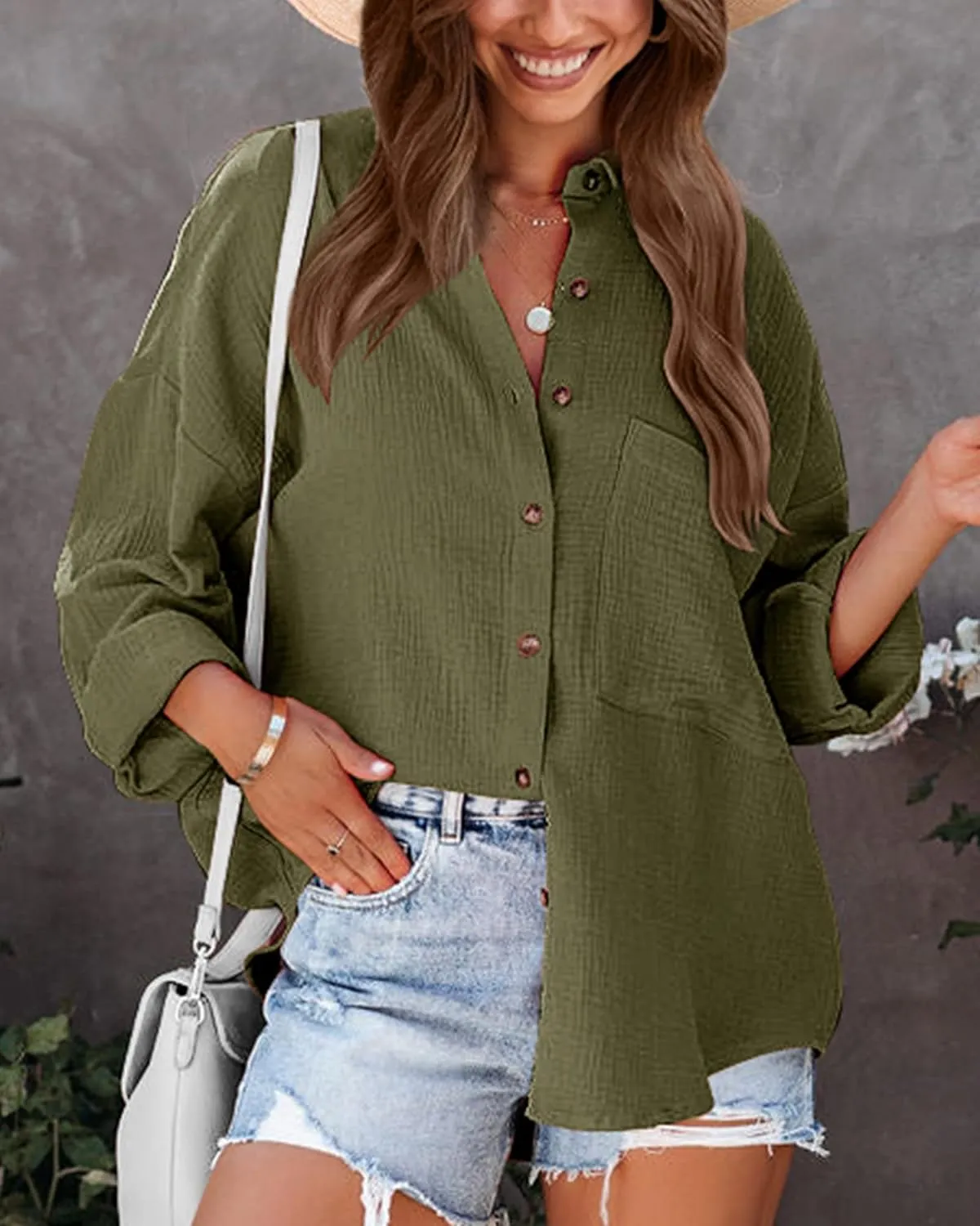 NOLLSOM Casual Shirts for Women Long Sleeve Button Down Blouses Fall 2025 Solid Color Trendy Tops with Pocket