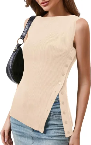 OLAPTA Women Asymmetrical Button Down Side Split Sleeveless Tank Tops Boat Neck Slim Fit Summer Casual Side Button Knit Vest