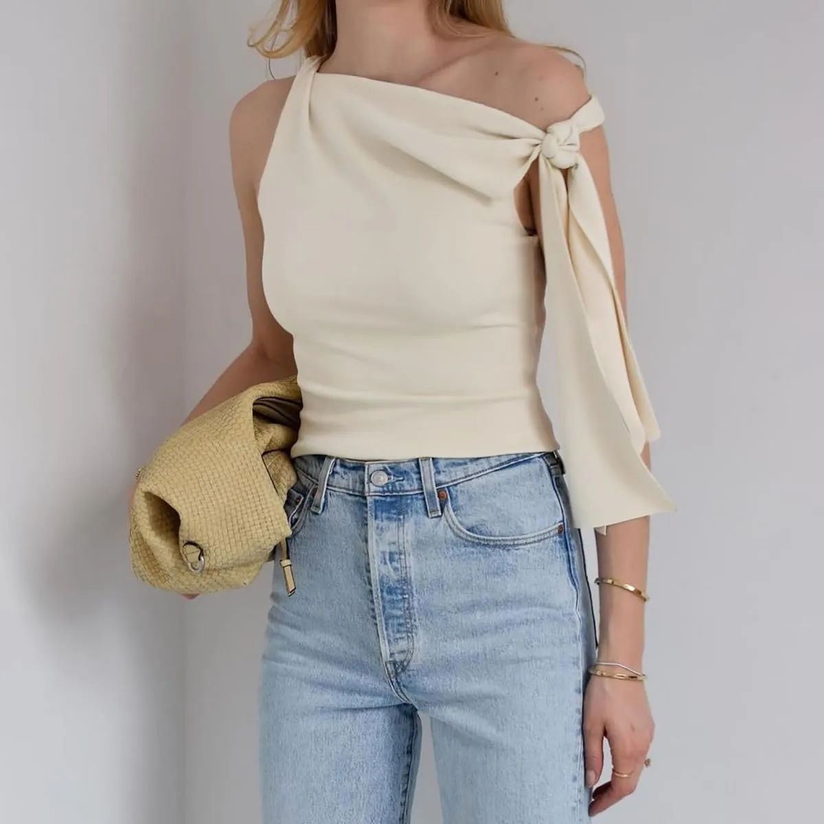 One Off Shoulder Top for Women Tie Sleeve Slim Fit Summer Going Out Asymmetrical Tank Top Fashion Blouses