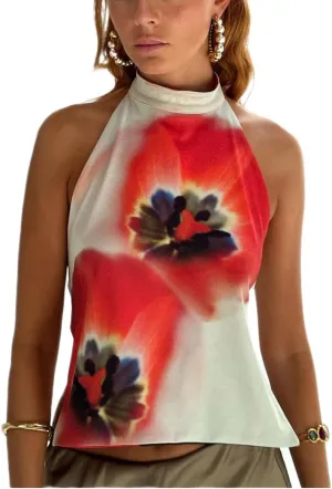 Open Back High Neck Tank Tops for Women Halter Mockneck Sleeveless Backless Floral Crop Top Y2k Summer Going Out Tops