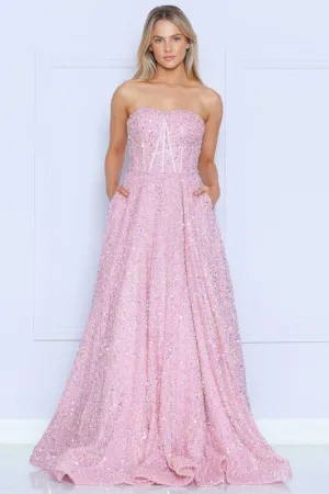 Pink A Line Sequin Over Velvet Gown