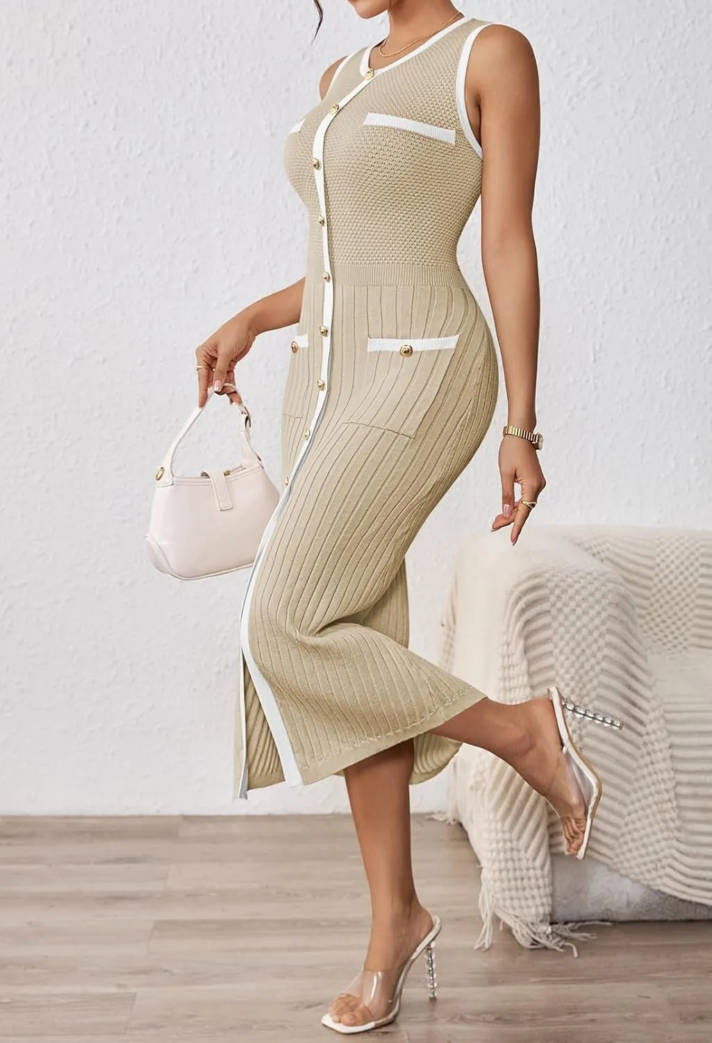Pink Queen Women's Summer Sweater Dress Sleeveless Slim Fit Bodycon Midi Dresses