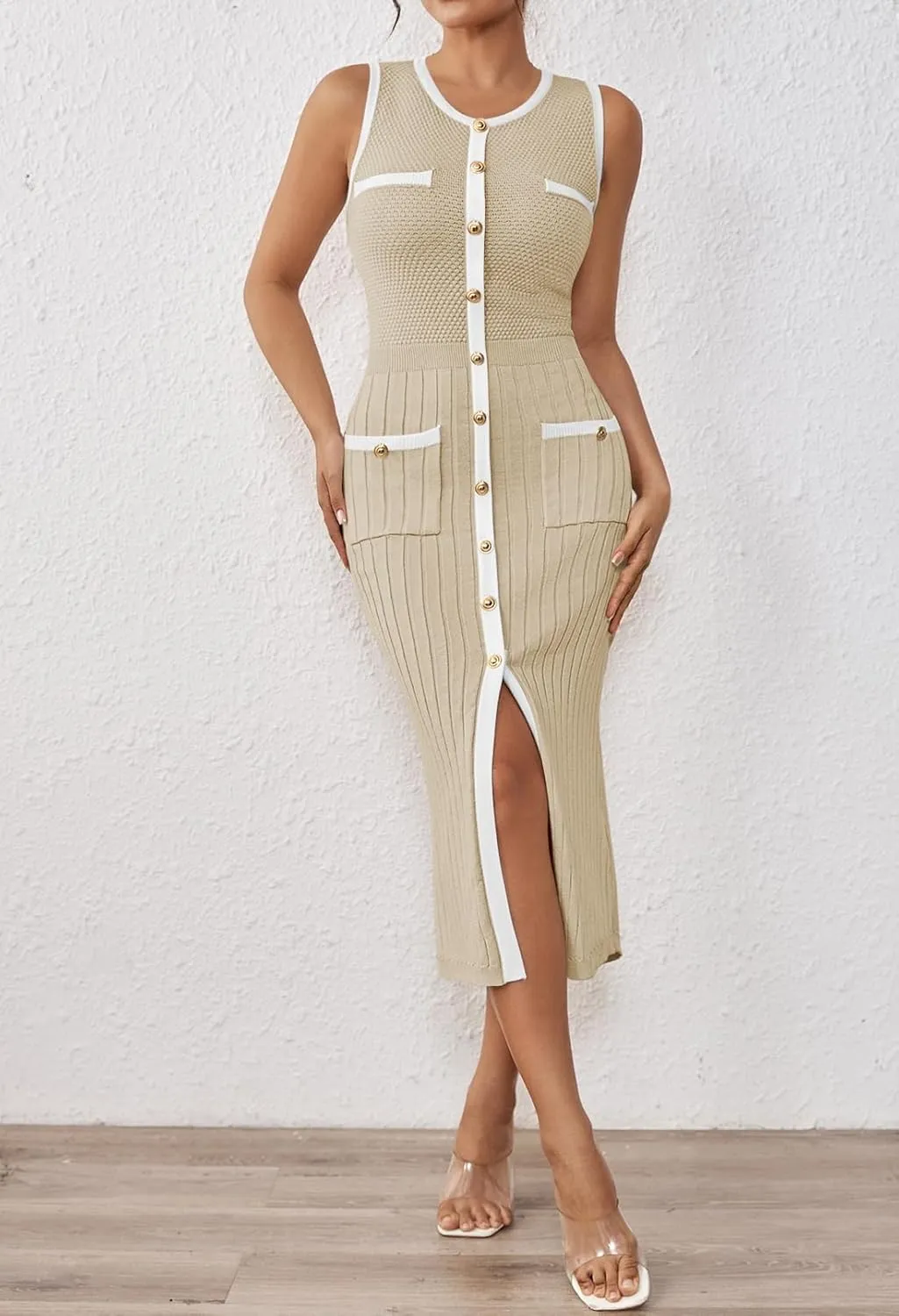 Pink Queen Women's Summer Sweater Dress Sleeveless Slim Fit Bodycon Midi Dresses
