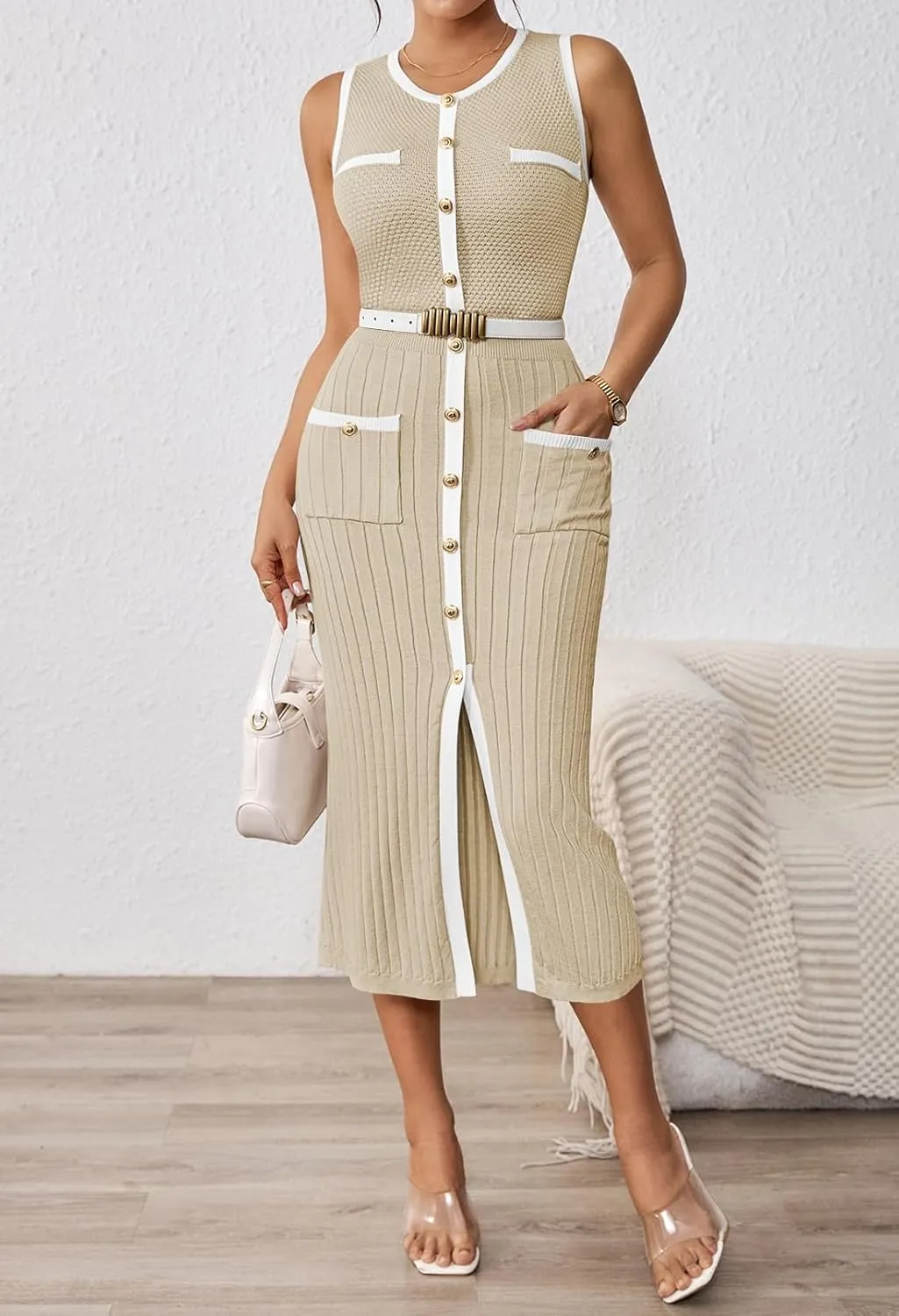 Pink Queen Women's Summer Sweater Dress Sleeveless Slim Fit Bodycon Midi Dresses