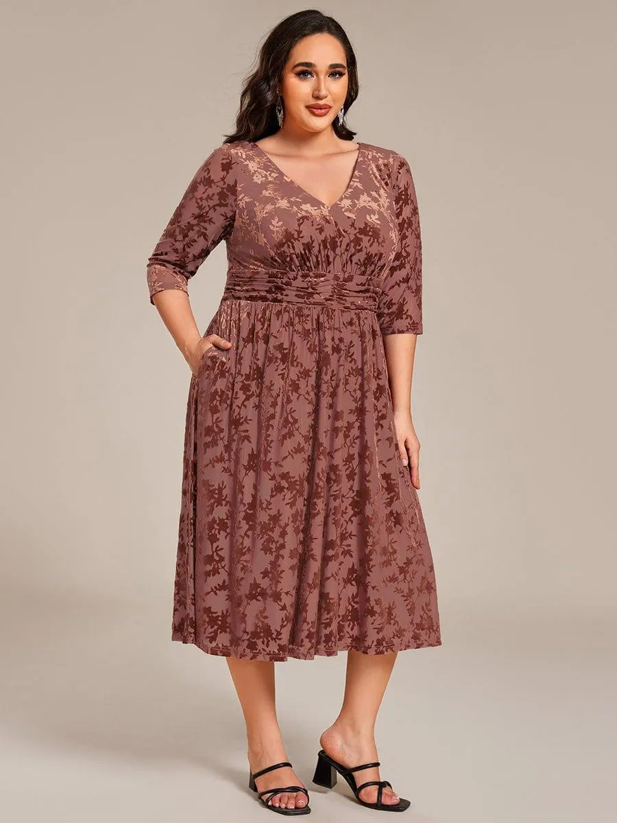 Plus Size 3/4 Sleeve Floral Velvet Wedding Guest Dress with Pockets