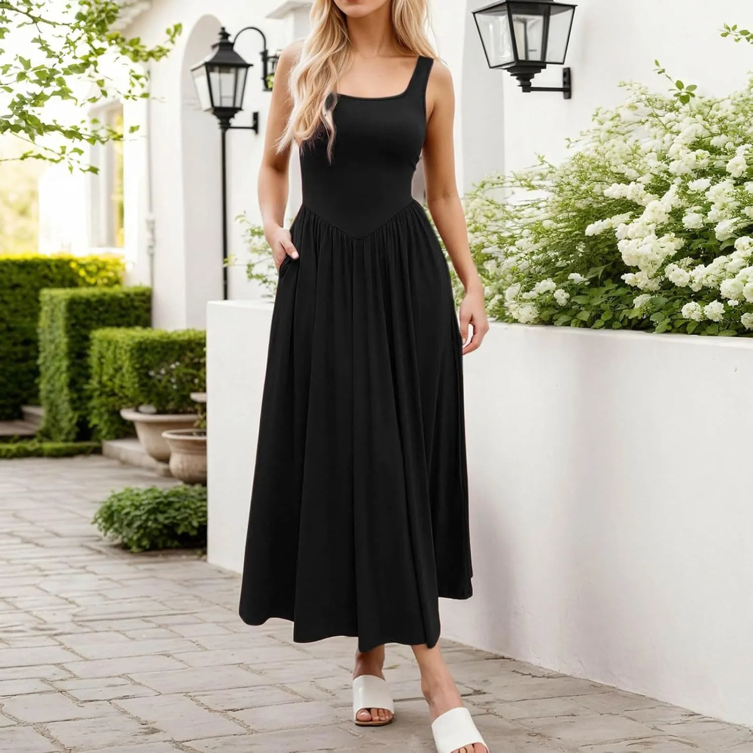 Plus Size Dresses for Curvy Women Casual Sleeveless Crewneck Sundress Aline Flowy Tiered Maxi Long Vacation Dress
