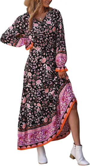 PRETTYGARDEN Long Sleeve Maxi Dress for Women V Neck Casual Button Down Boho Long Floral Dresses