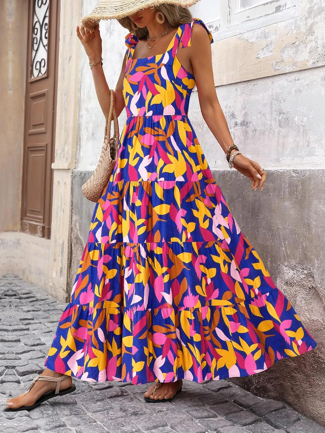 PRETTYGARDEN Women Dresses 2025 Summer Floral Sleeveless Maxi Dress Casual Spaghetti Strap Tiered Flowy Beach Long Dress