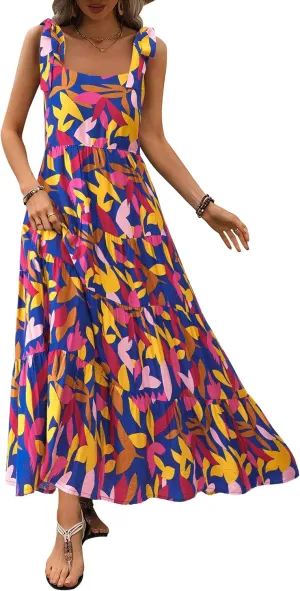 PRETTYGARDEN Women Dresses 2025 Summer Floral Sleeveless Maxi Dress Casual Spaghetti Strap Tiered Flowy Beach Long Dress