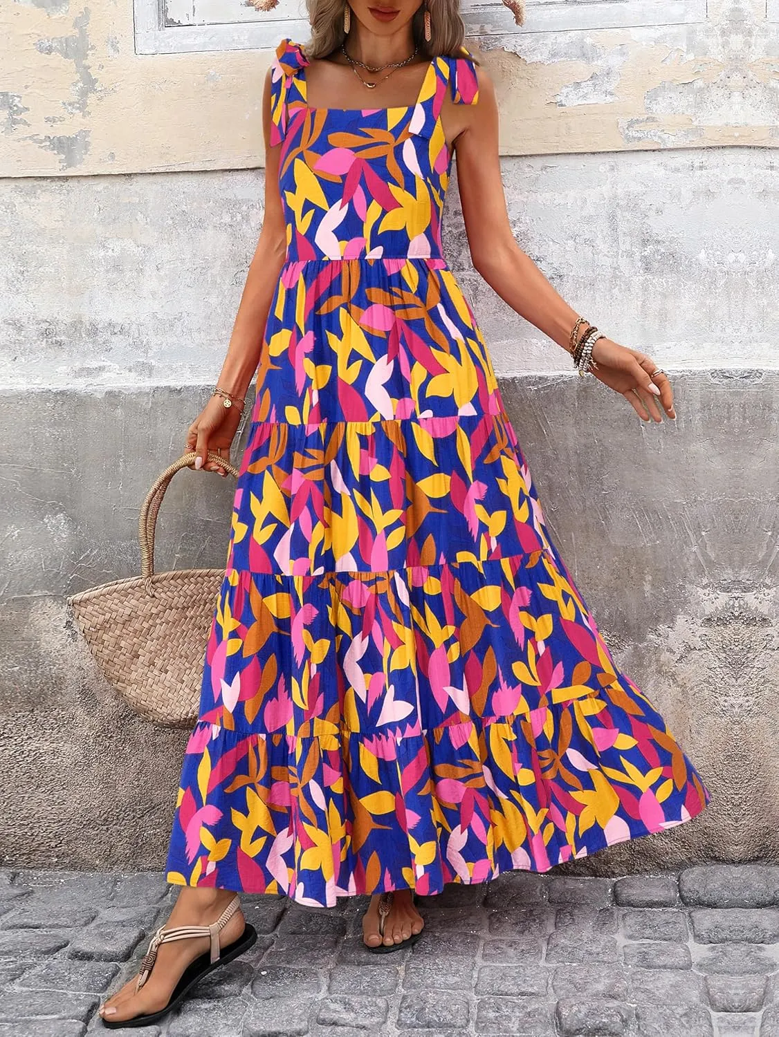 PRETTYGARDEN Women Dresses 2025 Summer Floral Sleeveless Maxi Dress Casual Spaghetti Strap Tiered Flowy Beach Long Dress