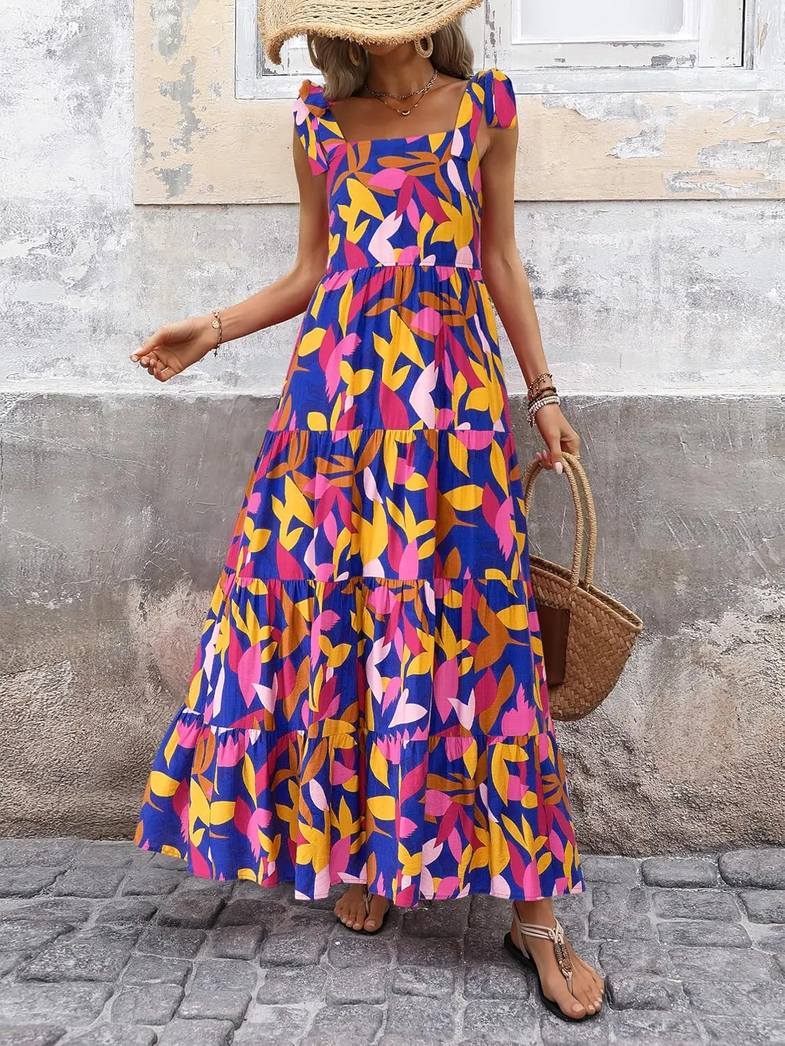 PRETTYGARDEN Women Dresses 2025 Summer Floral Sleeveless Maxi Dress Casual Spaghetti Strap Tiered Flowy Beach Long Dress