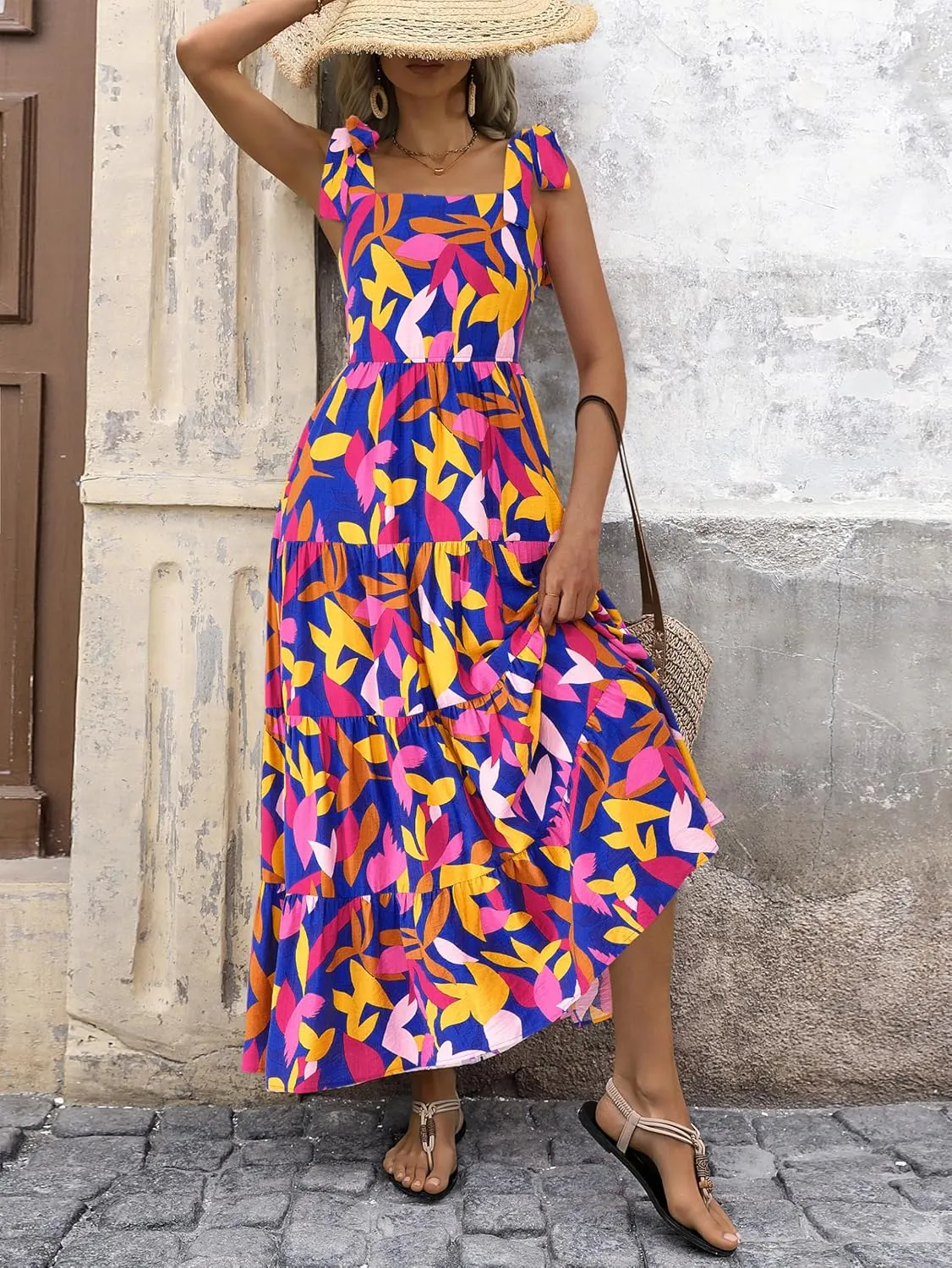 PRETTYGARDEN Women Dresses 2025 Summer Floral Sleeveless Maxi Dress Casual Spaghetti Strap Tiered Flowy Beach Long Dress