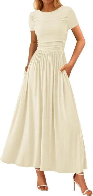 PRETTYGARDEN Women's Casual Dresses 2025 Summer Short Sleeve Ruched Patchwork A Line Pleated Swing Maxi Dress with Pockets