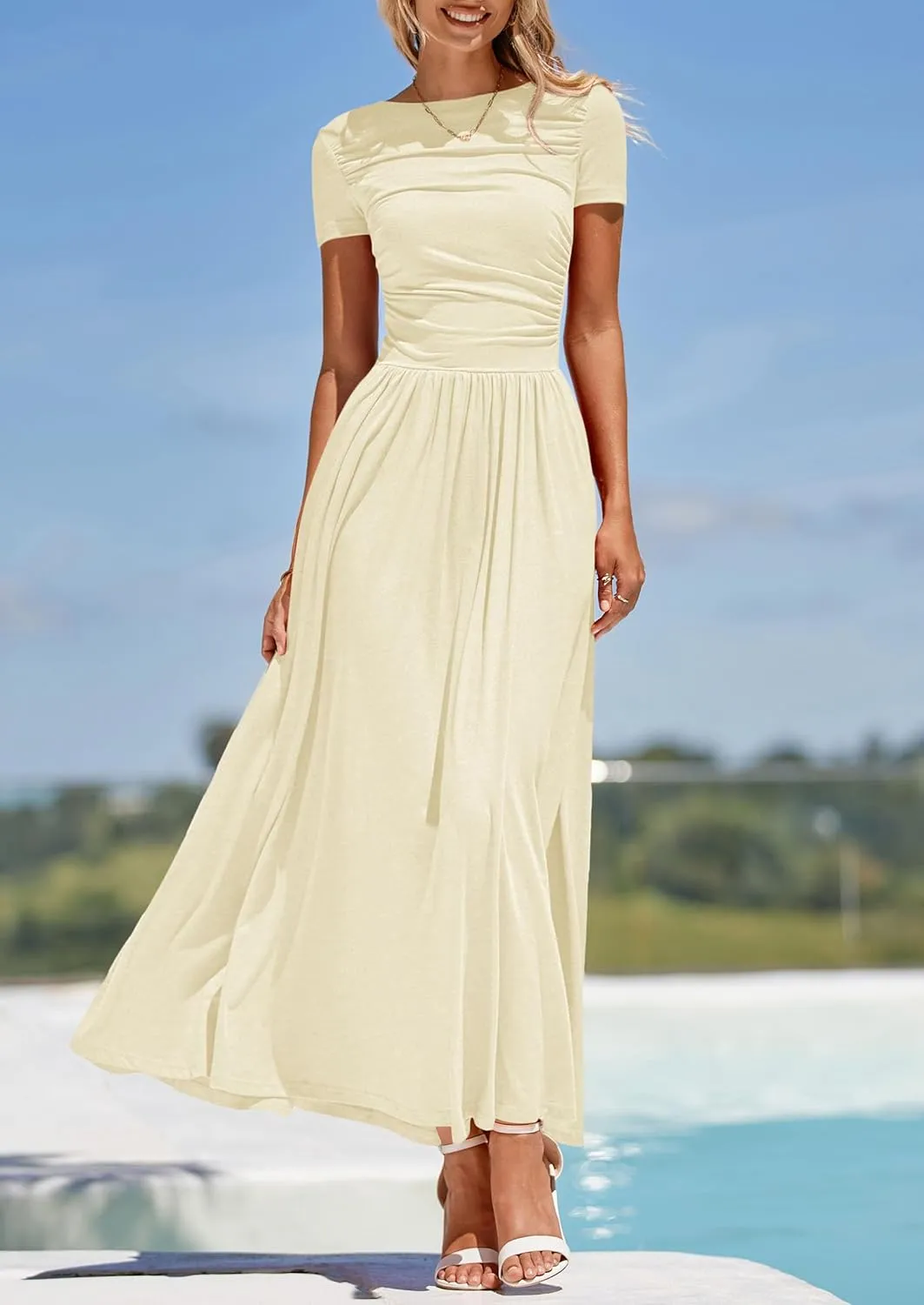 PRETTYGARDEN Women's Casual Dresses 2025 Summer Short Sleeve Ruched Patchwork A Line Pleated Swing Maxi Dress with Pockets