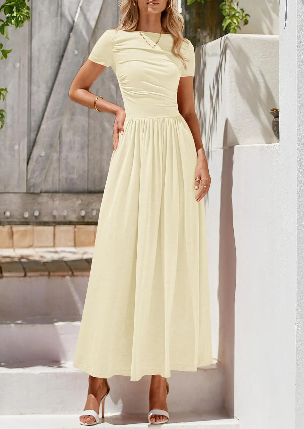 PRETTYGARDEN Women's Casual Dresses 2025 Summer Short Sleeve Ruched Patchwork A Line Pleated Swing Maxi Dress with Pockets