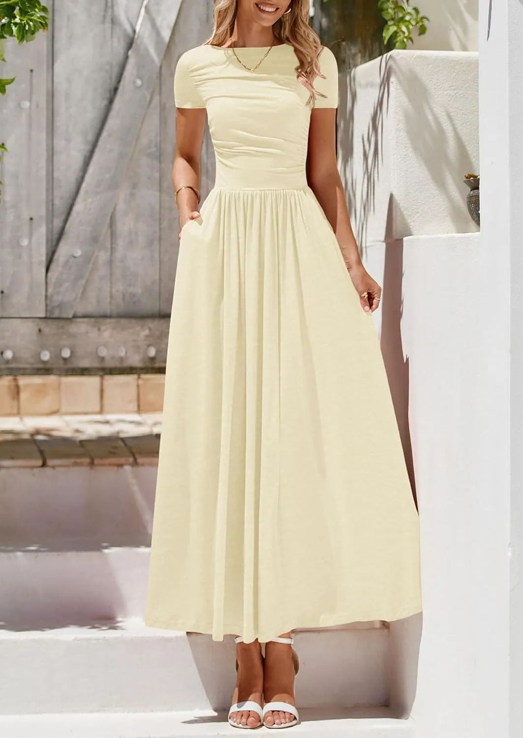PRETTYGARDEN Women's Casual Dresses 2025 Summer Short Sleeve Ruched Patchwork A Line Pleated Swing Maxi Dress with Pockets
