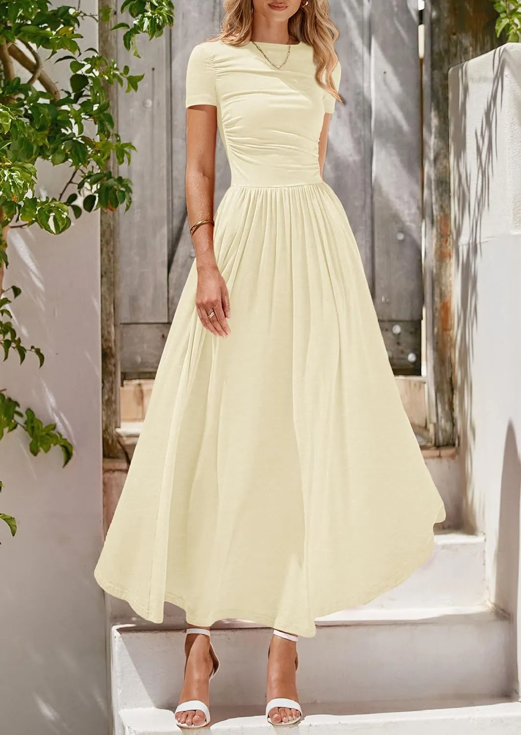 PRETTYGARDEN Women's Casual Dresses 2025 Summer Short Sleeve Ruched Patchwork A Line Pleated Swing Maxi Dress with Pockets