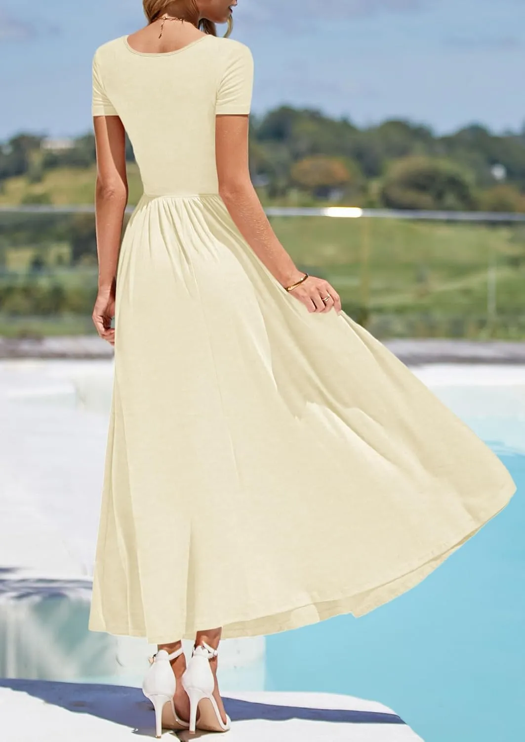 PRETTYGARDEN Women's Casual Dresses 2025 Summer Short Sleeve Ruched Patchwork A Line Pleated Swing Maxi Dress with Pockets