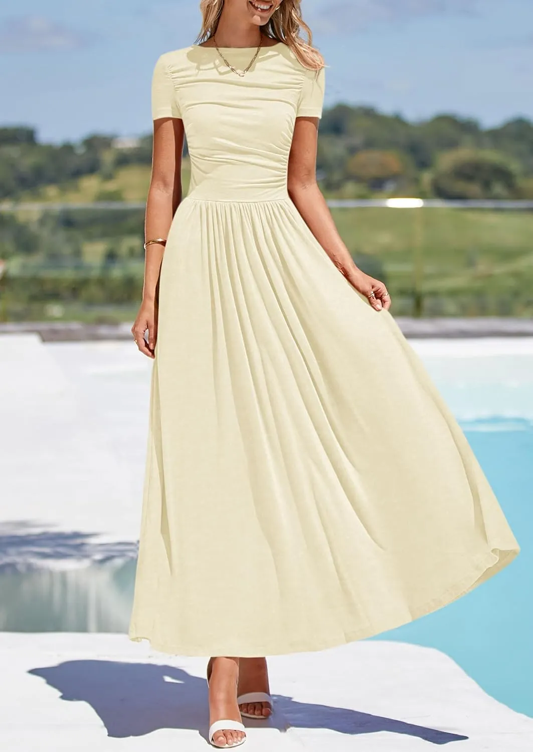 PRETTYGARDEN Women's Casual Dresses 2025 Summer Short Sleeve Ruched Patchwork A Line Pleated Swing Maxi Dress with Pockets