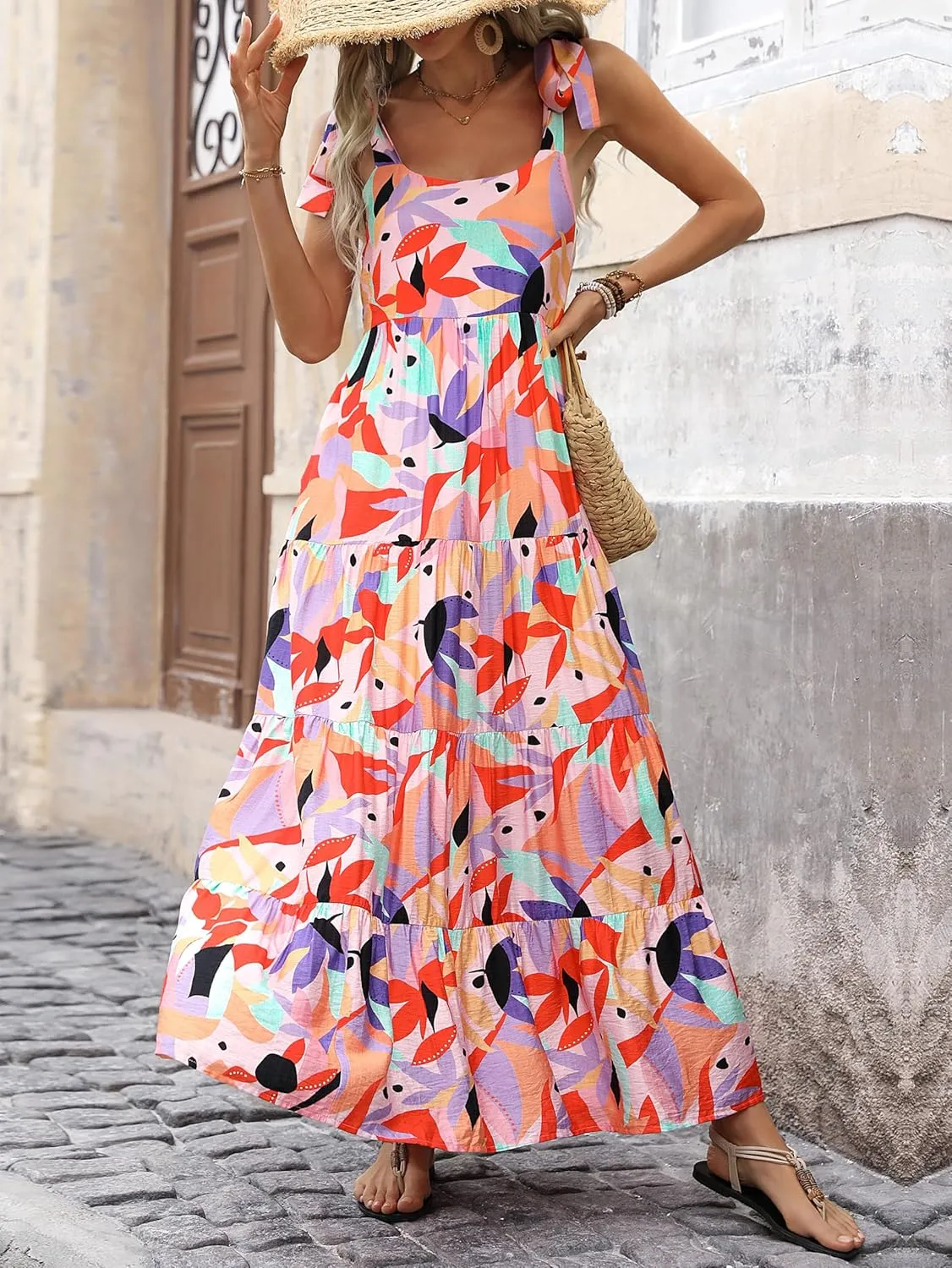 PRETTYGARDEN Womens Dresses 2025 Summer Floral Sleeveless Maxi Dress Casual Spaghetti Strap Tiered Flowy Beach Long Dress