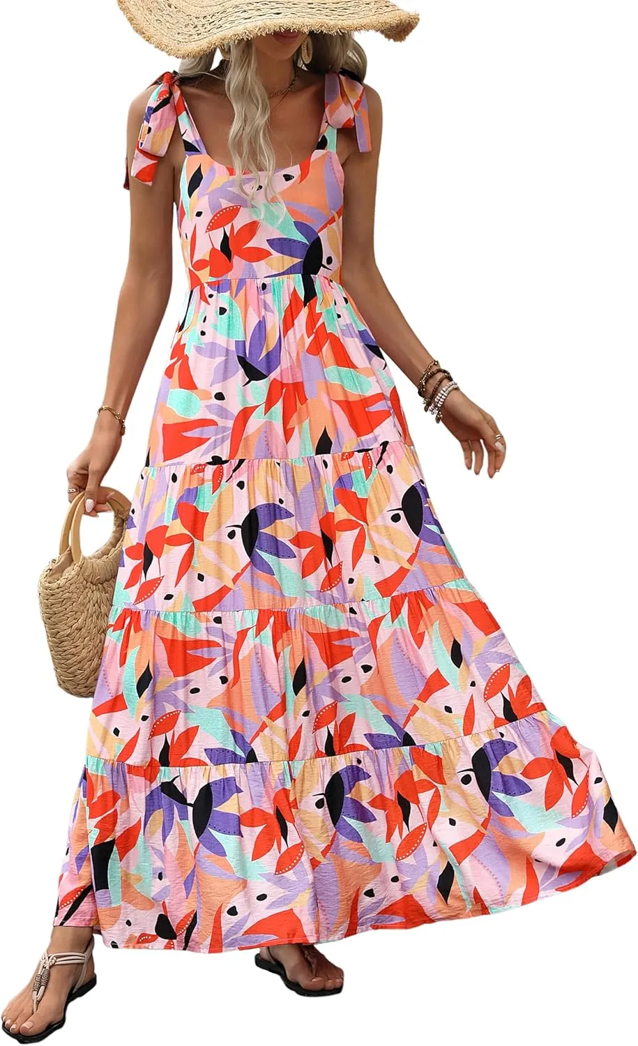 PRETTYGARDEN Womens Dresses 2025 Summer Floral Sleeveless Maxi Dress Casual Spaghetti Strap Tiered Flowy Beach Long Dress