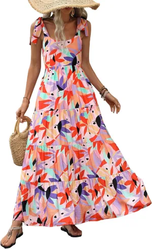 PRETTYGARDEN Womens Dresses 2025 Summer Floral Sleeveless Maxi Dress Casual Spaghetti Strap Tiered Flowy Beach Long Dress