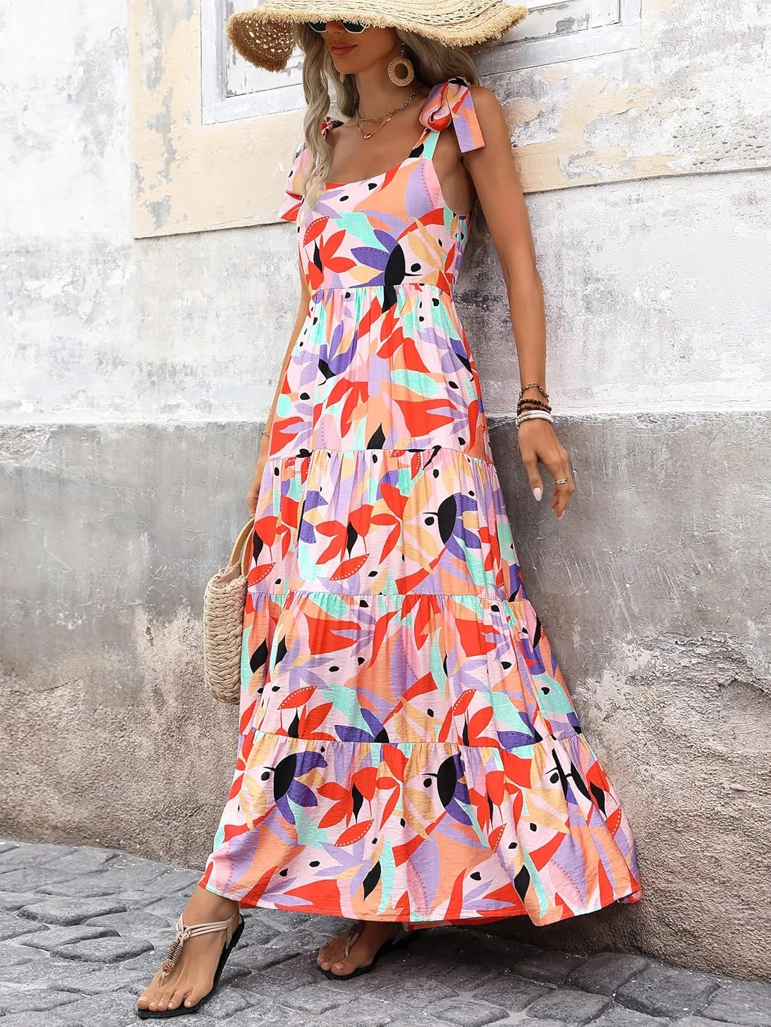 PRETTYGARDEN Womens Dresses 2025 Summer Floral Sleeveless Maxi Dress Casual Spaghetti Strap Tiered Flowy Beach Long Dress