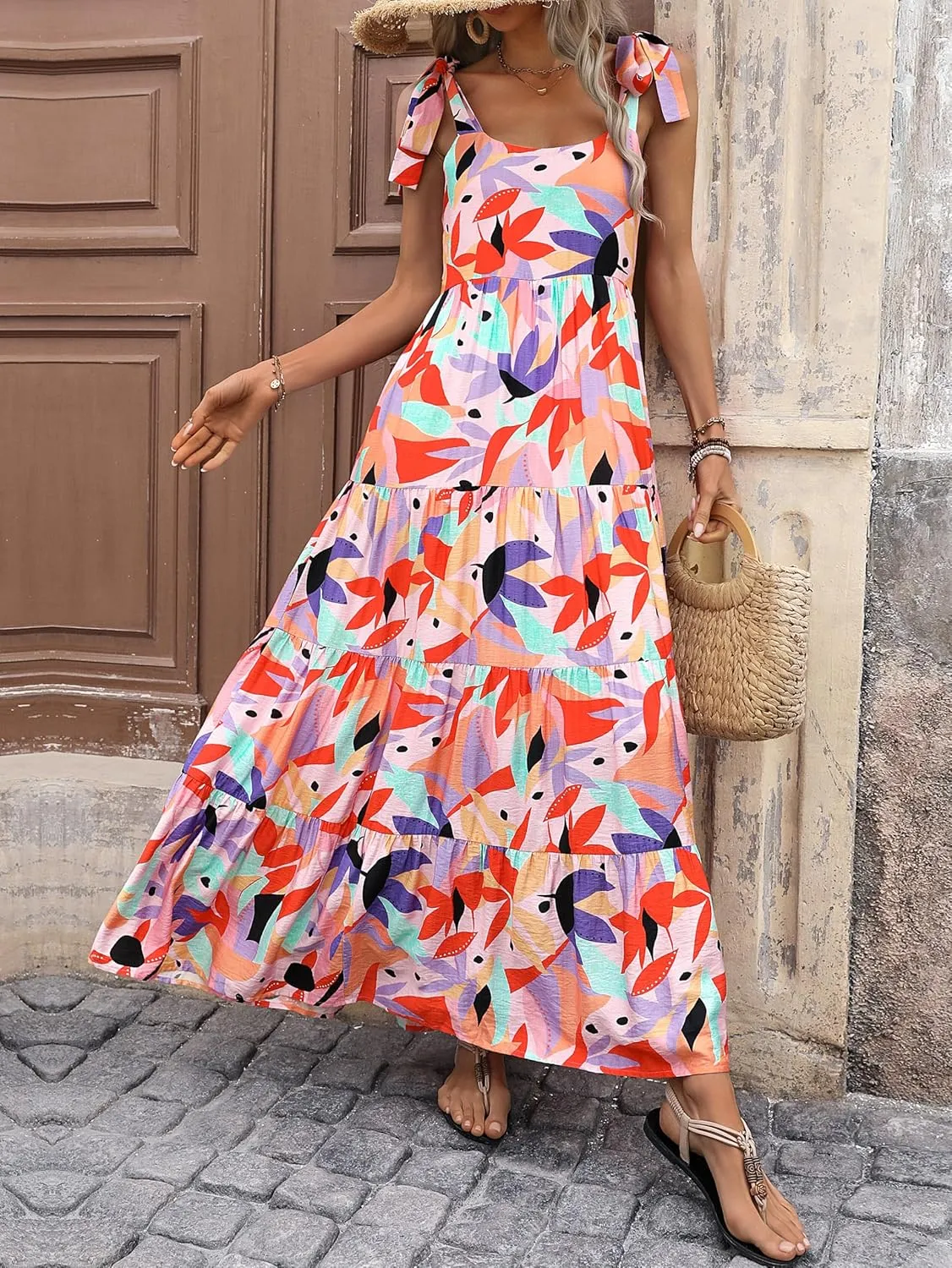PRETTYGARDEN Womens Dresses 2025 Summer Floral Sleeveless Maxi Dress Casual Spaghetti Strap Tiered Flowy Beach Long Dress