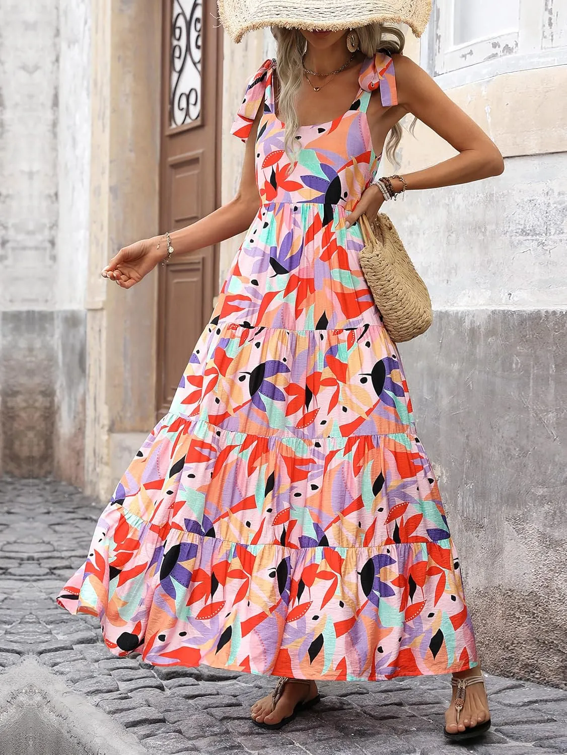 PRETTYGARDEN Womens Dresses 2025 Summer Floral Sleeveless Maxi Dress Casual Spaghetti Strap Tiered Flowy Beach Long Dress