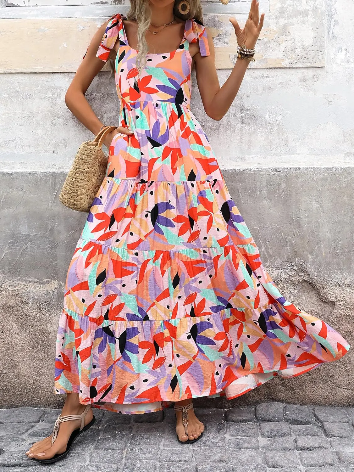 PRETTYGARDEN Womens Dresses 2025 Summer Floral Sleeveless Maxi Dress Casual Spaghetti Strap Tiered Flowy Beach Long Dress