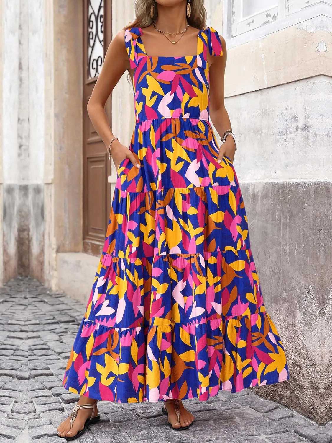 PRETTYGARDEN Womens Dresses 2025 Summer Floral Sleeveless Maxi Dress Casual Spaghetti Strap Tiered Flowy Beach Long Dress