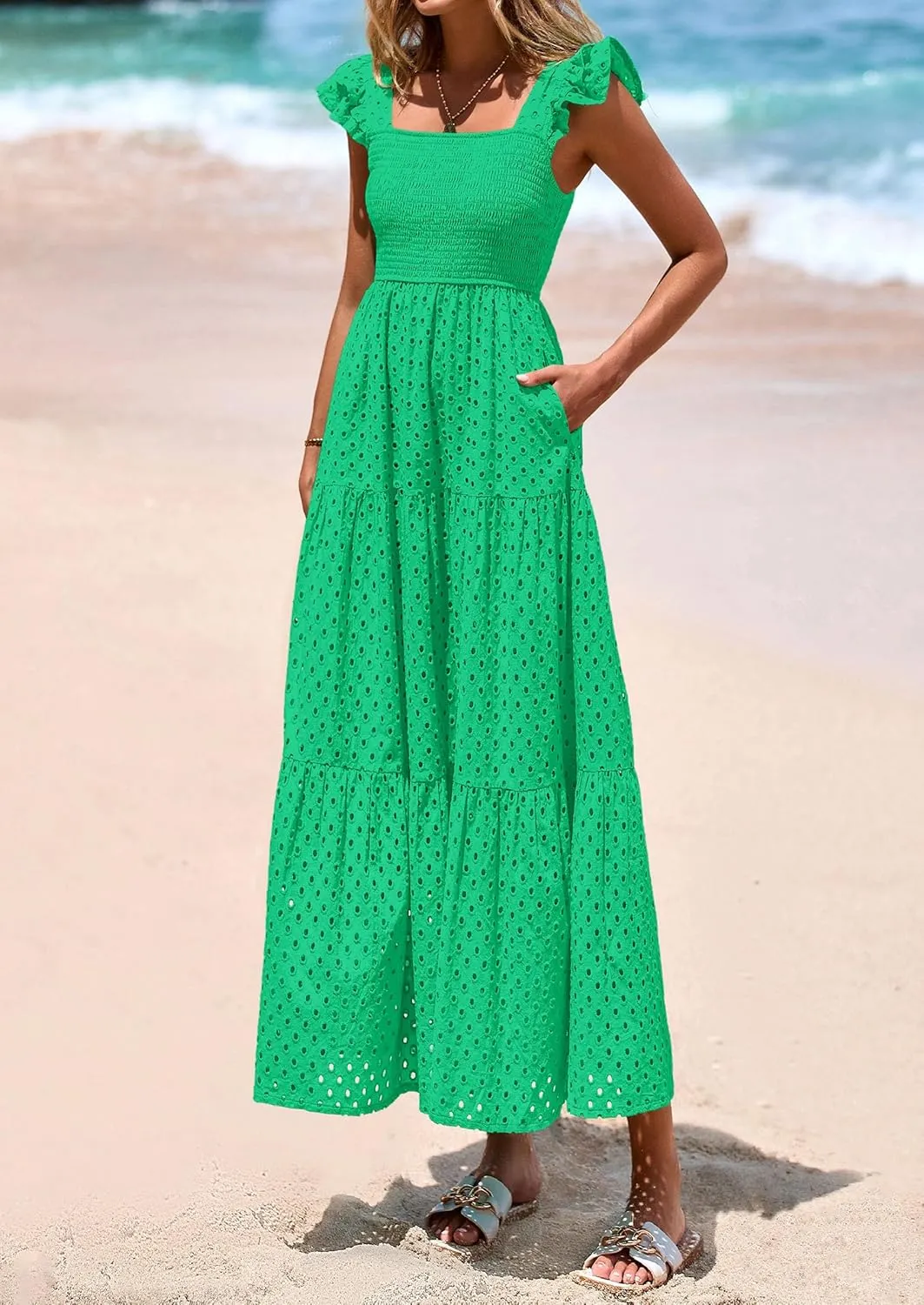 PRETTYGARDEN Womens Summer Square Neck Maxi Dresses Cap Sleeve Eyelet Smocked Tiered A Line Flowy Long Dress with Pockets