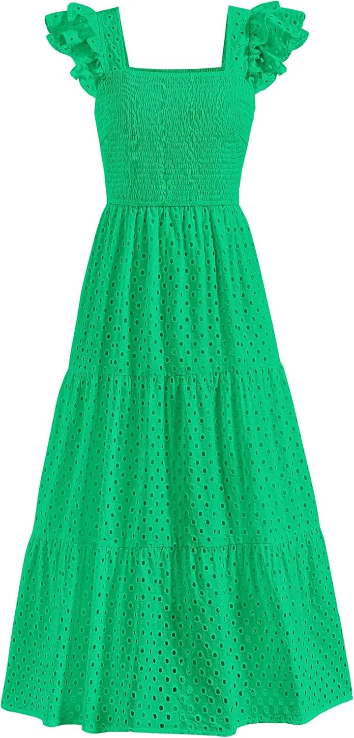 PRETTYGARDEN Womens Summer Square Neck Maxi Dresses Cap Sleeve Eyelet Smocked Tiered A Line Flowy Long Dress with Pockets