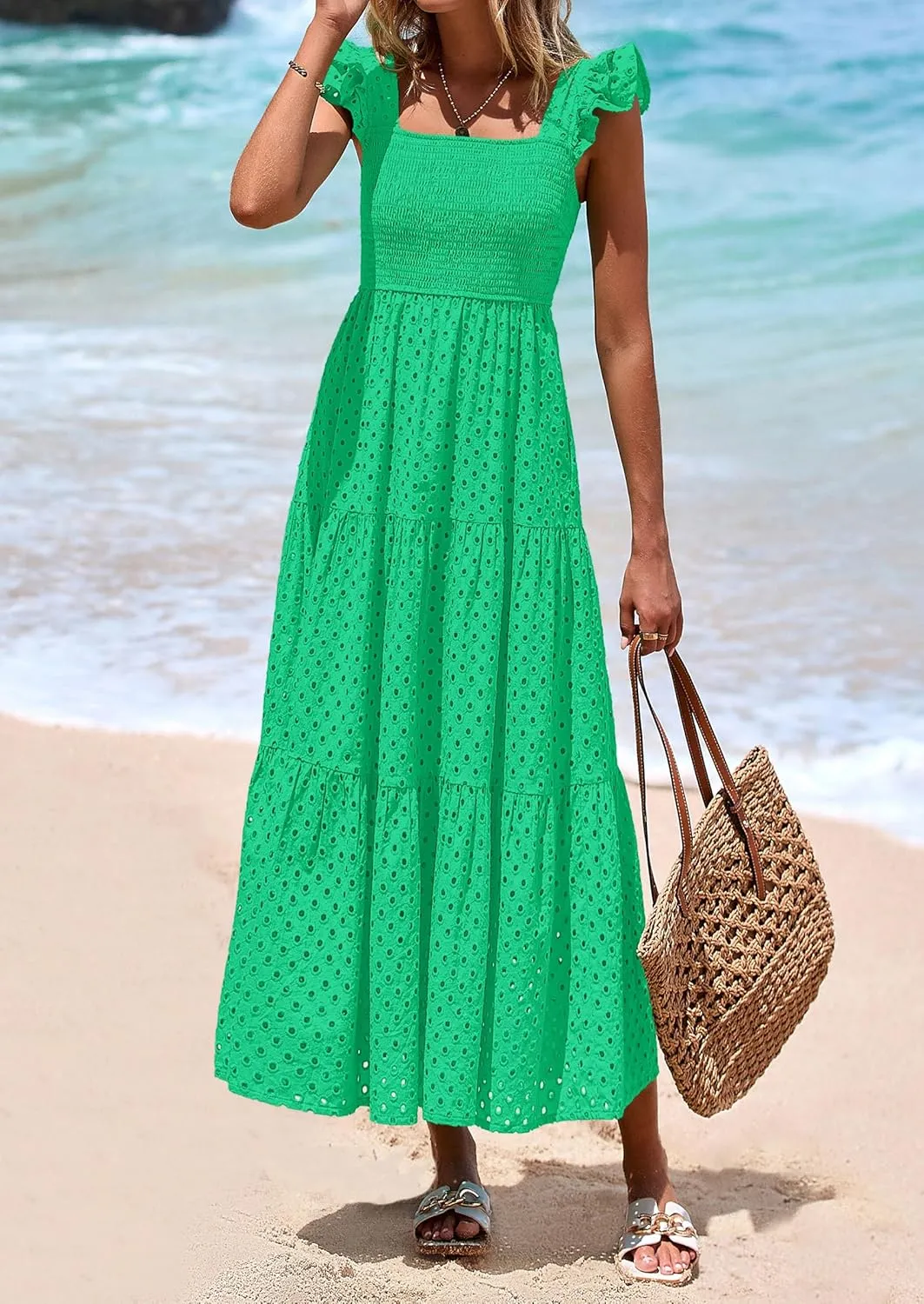 PRETTYGARDEN Womens Summer Square Neck Maxi Dresses Cap Sleeve Eyelet Smocked Tiered A Line Flowy Long Dress with Pockets