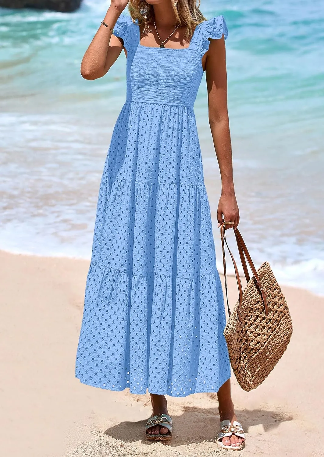 PRETTYGARDEN Womens Summer Square Neck Maxi Dresses Cap Sleeve Eyelet Smocked Tiered A Line Flowy Long Dress with Pockets