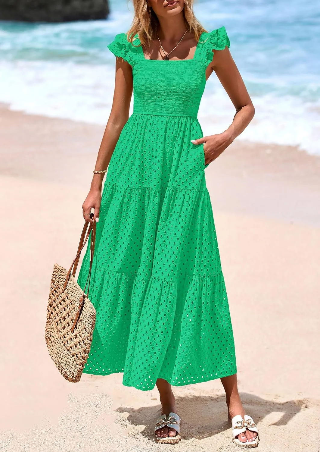 PRETTYGARDEN Womens Summer Square Neck Maxi Dresses Cap Sleeve Eyelet Smocked Tiered A Line Flowy Long Dress with Pockets