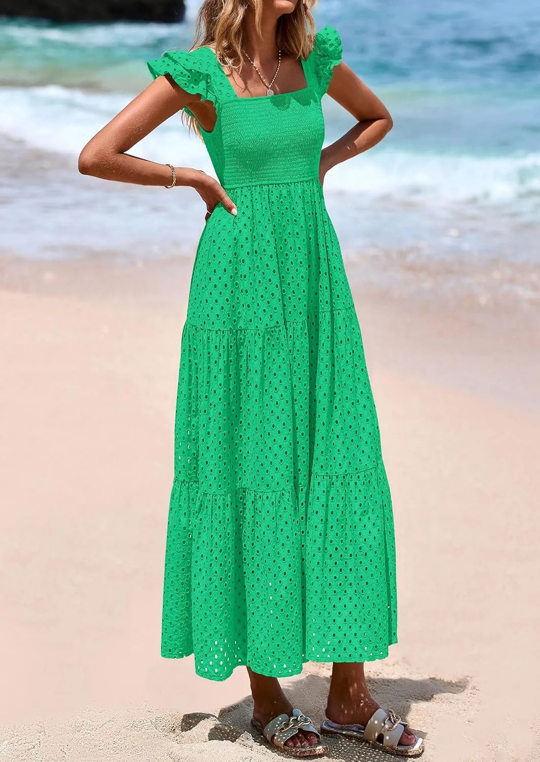 PRETTYGARDEN Womens Summer Square Neck Maxi Dresses Cap Sleeve Eyelet Smocked Tiered A Line Flowy Long Dress with Pockets