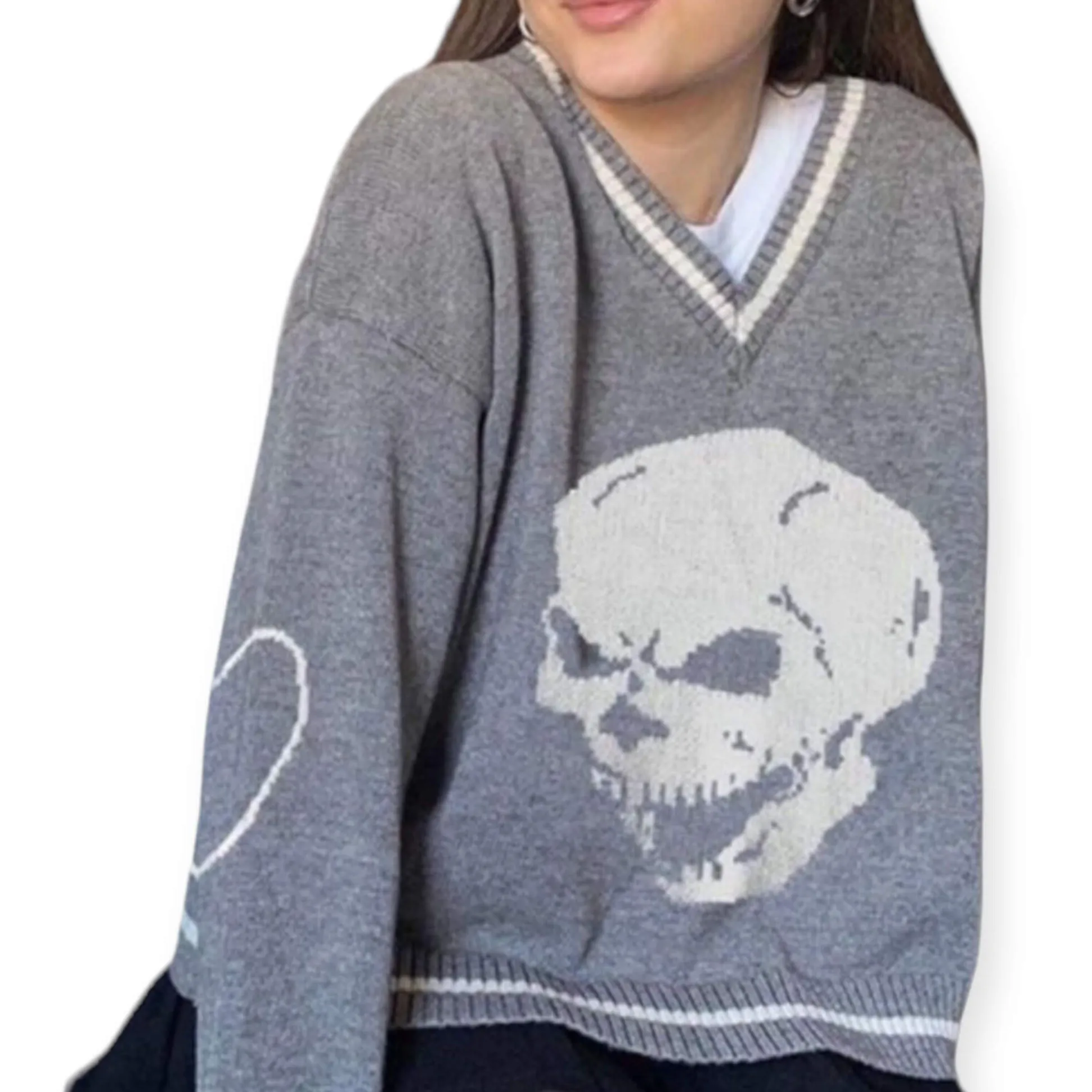 Retro V Neck Long Sleeve Graphic Sweater