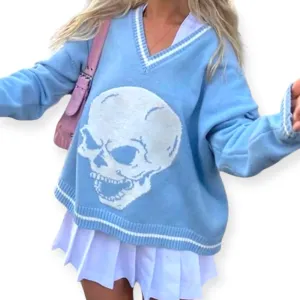 Retro V Neck Long Sleeve Graphic Sweater