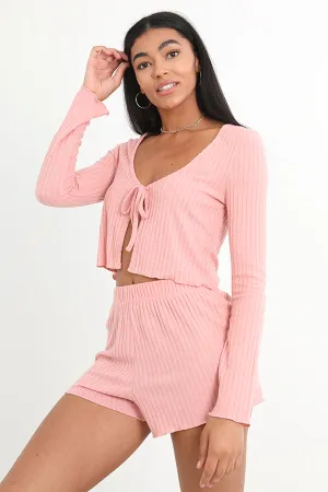 RIBBED PINK KNITTED SHORT LOUNGEWEAR SET
